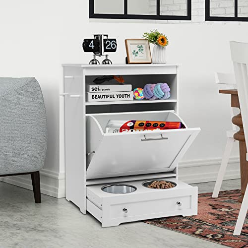 Dog Feeding Station with 2 Raised Bowls and Food Storage, White W326