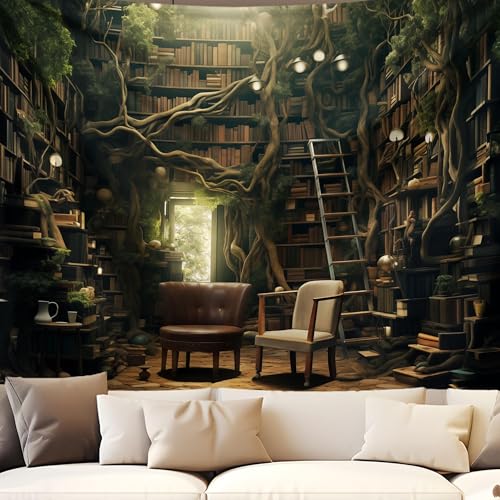 QGHOT Medieval Bookshelf Tapestry Vintage Library Wall Hanging P36533