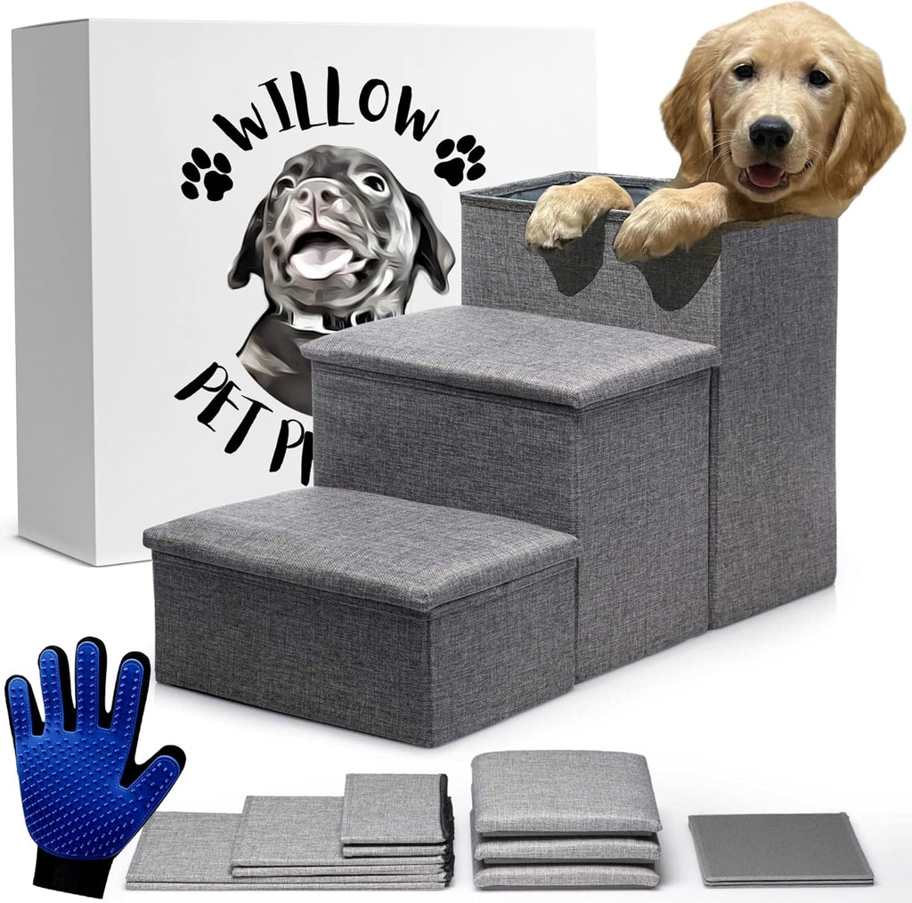 Dog Stairs for High Beds or Couch- Foldable Dog Steps W/Storage- Pet Steps for Small Dogs, Medium Dogs, Puppy Stairs- Use as a Dog Window Perch or Cat Stairs for Old Cats- Dog Grooming Glove Included