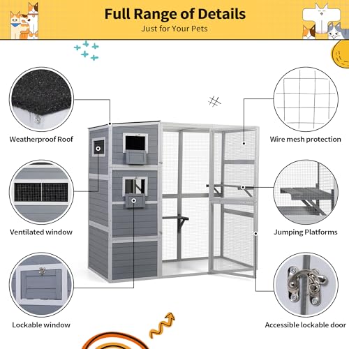 Outdoor Catio Large Cat Enclosure House Weatherproof with 2 Resting Rooms and Platforms B9583