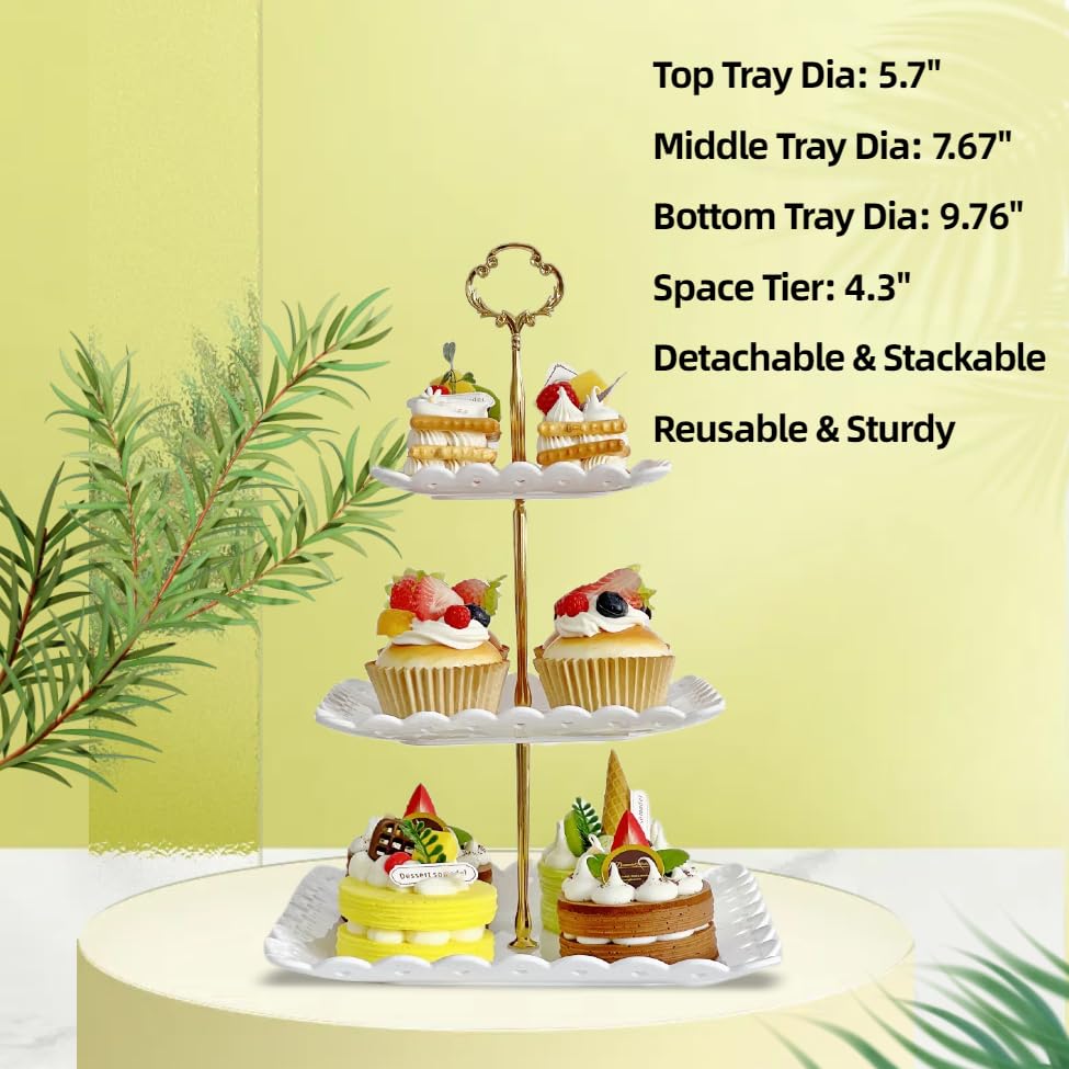 2 Pack 3 Tier Dessert Cupcake Stand, Round & Square Plastic Serving Tray, White X291013