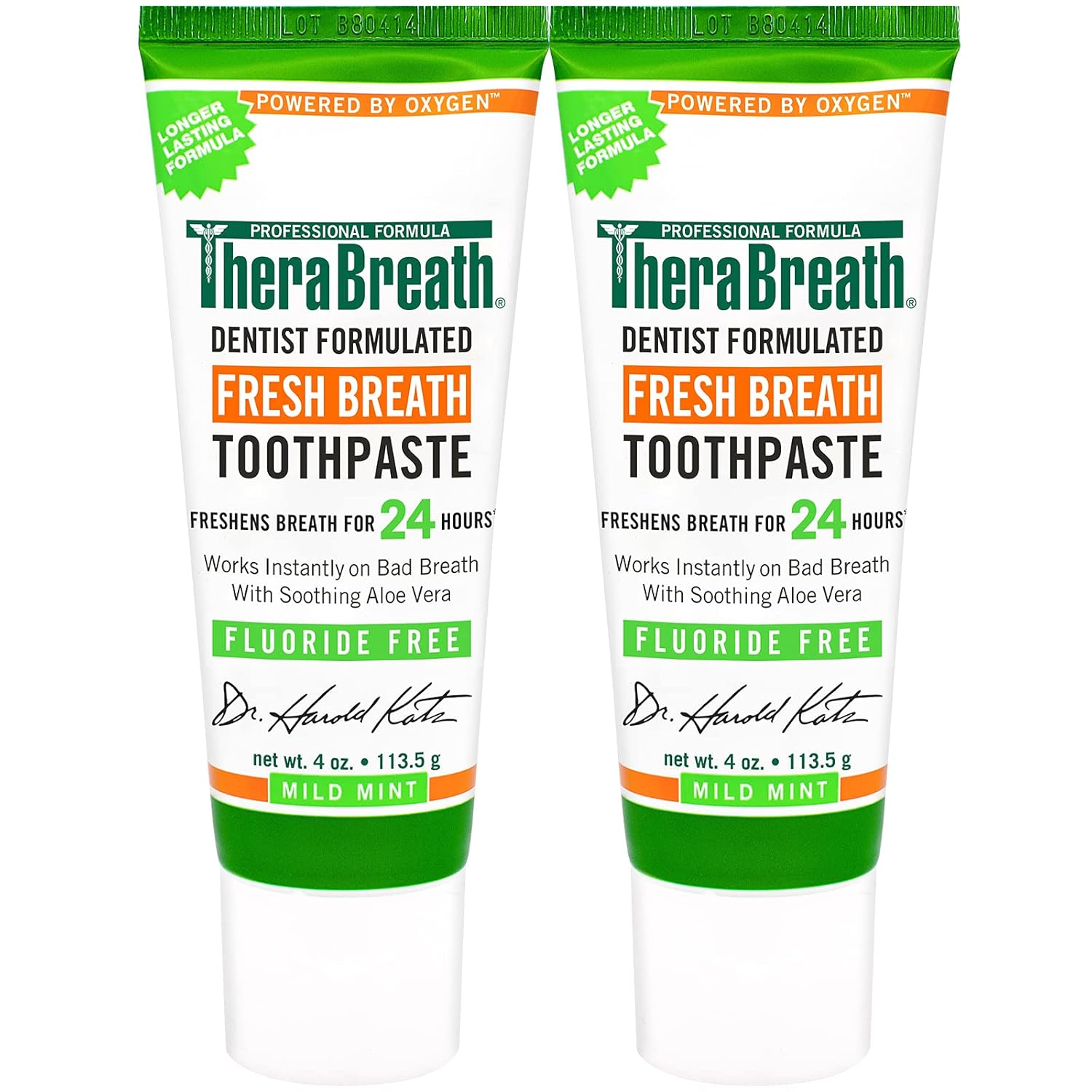 TheraBreath Fluoride Free Toothpaste Mild Mint 4 oz (Pack of 2) and Alcohol Free Mouthwash Fresh Mint 16 fl oz (Pack of 2) T324