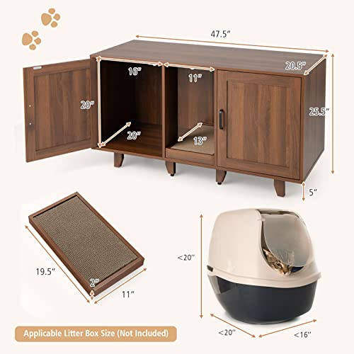 Tangkula Double Cat Litter Box Enclosure Cabinet with Scratching Board, Grey Oak A19110