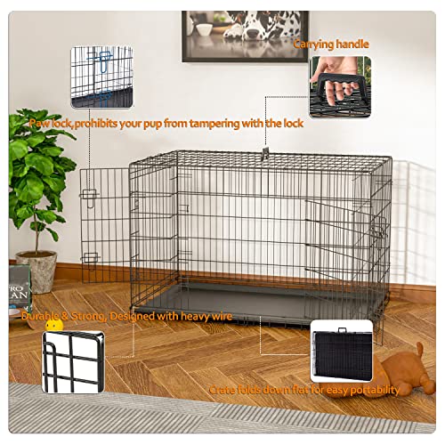 Large Dog Crate 42 inch Metal Wire Kennel with Tray and Double Door N585