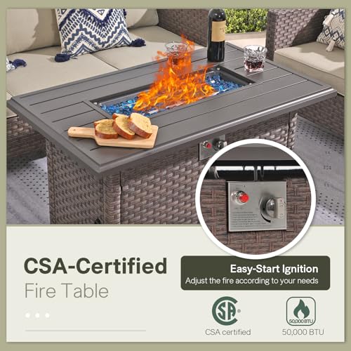 SUNSITT Outdoor Fire Pit Table 43 Inch Wicker Propane with Aluminum Tabletop, Taupe F2263