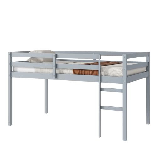 Twin Size Low Loft Bed with Ladder and Safety Guardrail, Solid Wood, White D5235