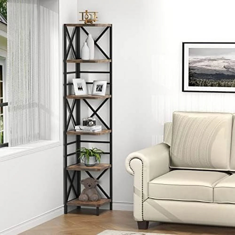 HOOMHIBIU Corner Bookshelf 6-Tier Farmhouse Bookcase, Rustic Brown J349