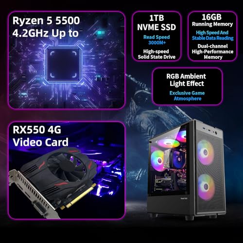 Gaming PC Desktop, AMD Ryzen 5 5500, Radeon RX 550 4GB, 16GB RAM, 1TB SSD T137370