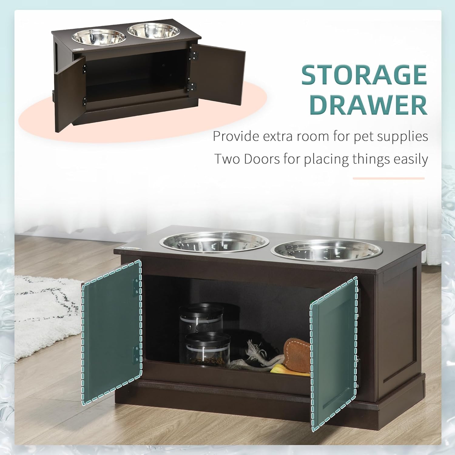 PawHut Elevated Dog Bowls for Large Dogs with Storage Cabinet, 2 Stainless Steel Bowls P185