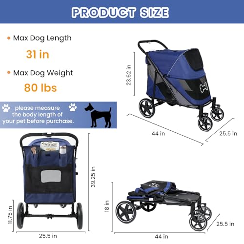 Dog Stroller for Large Dogs Up to 80 lbs, Foldable with Ramp, Navy Blue G161706