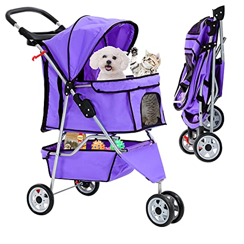 Best 3 Wheels Pet Stroller for Dog Stroller Cat Stroller, Lightweight and Foldable Pet Jogger Stroller, Carrier Strolling Cart W/Cup Holders Removable Liner for Small and Medium Dog Cat or Pet - Pink