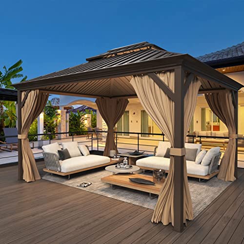 YOLENY 10' x 12' Hardtop Gazebo with Galvanized Steel Double Roof, Netting and Curtains Y84317