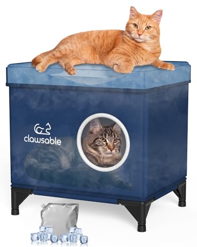 Cooling Cat House for Outdoor/Indoor Cats in Summer,Waterproof & Weatherproof Elevated Insulated Outside Feral Cat Shelter for Stray Barn (Dark Blue, 17" x 13" x 16")