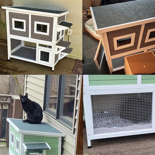 Outdoor Cat House Weatherproof Two Story Wooden Shelter with Ladder U54029
