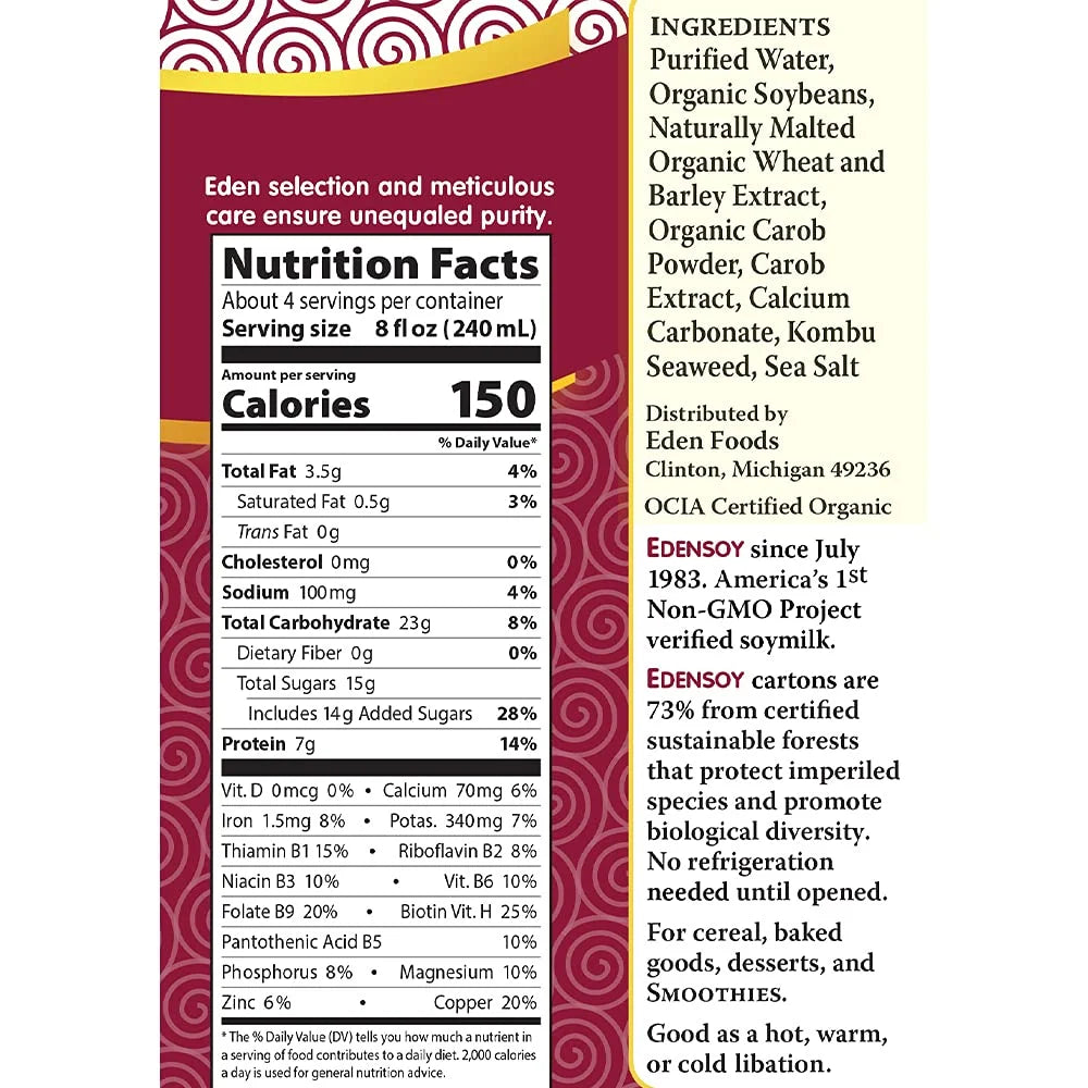 Eden Foods Organic EdenSoy Soymilk Dairy Free Carob 32 fl oz Pack of 3 H8073