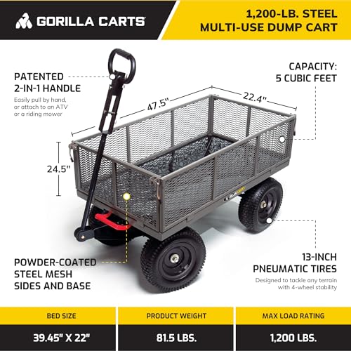 Gorilla Carts Steel Utility Wagon with Removable Side Panels, 1200 lb Capacity, Gray N54151