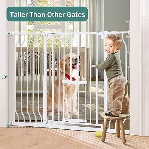 Newnice Baby Gate with Cat Door 29.9-48.8" Extra Wide, 33" Tall, Auto Close, White Z9749