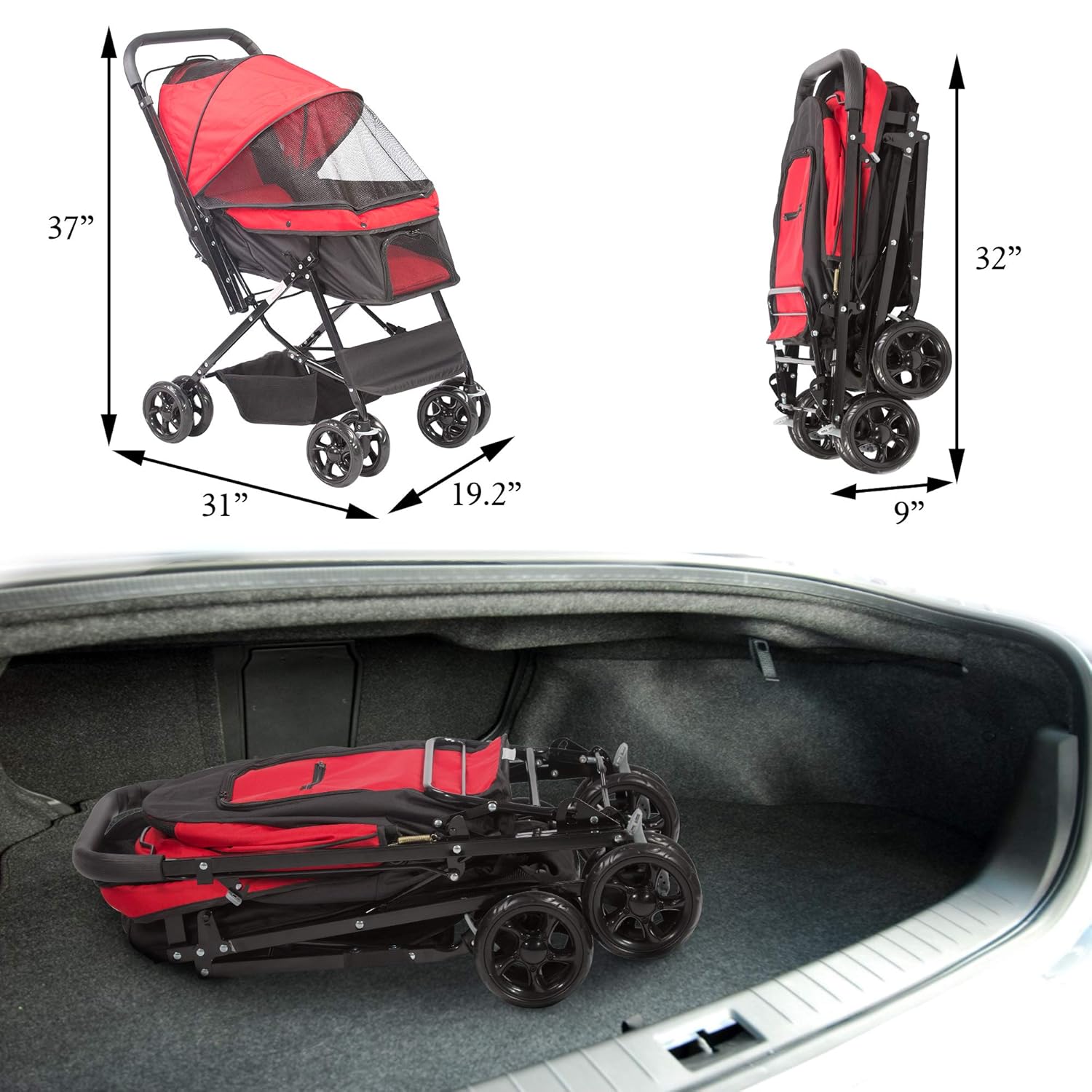 Folding Dog Stroller Travel Cage for Pets - Large 4 Wheels Elite Jogger - Red S57190