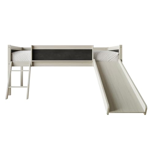 Antique Gray Wood Twin Loft Bed with Slide and Ladder for Kids A324