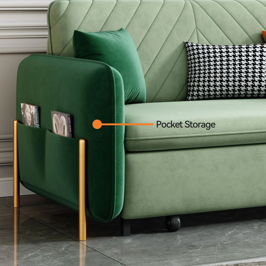 Green Velvet Convertible Sofa Bed Sleeper with Pullout Bed S663779