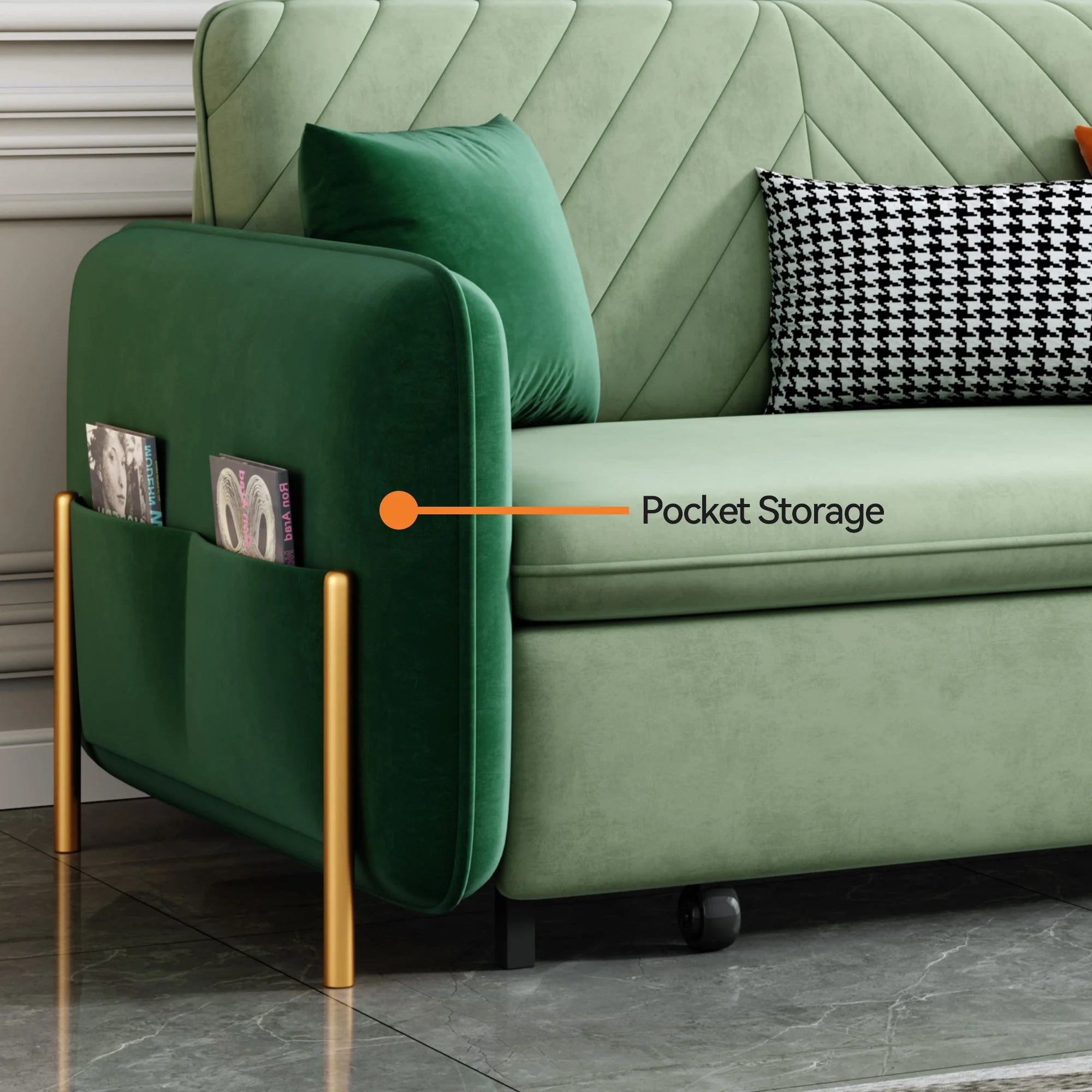 Green Velvet Convertible Sofa Bed Sleeper with Pullout Bed S663779
