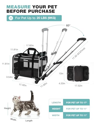 Cat Dog Carrier with Wheels Airline Approved Rolling Pet Carrier, Black H4257