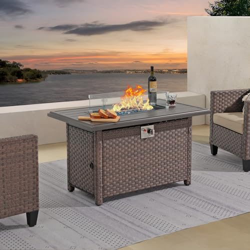 SUNSITT Outdoor Fire Pit Table 43 Inch Wicker Propane with Aluminum Tabletop, Taupe F2263