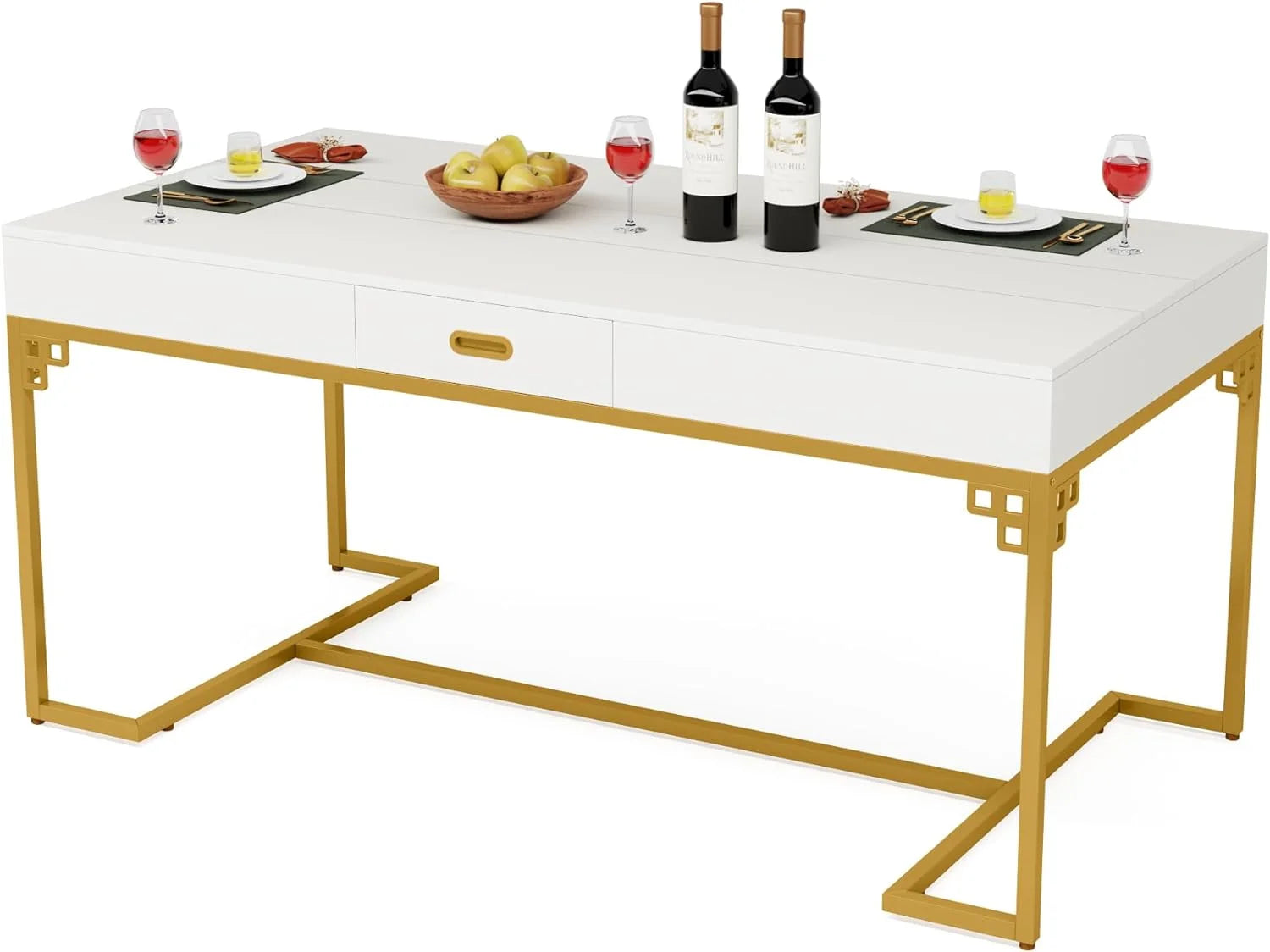 RUNFAYBIU 63 Inch Rectangular Dining Table with 2 Drawers, White & Gold I877577