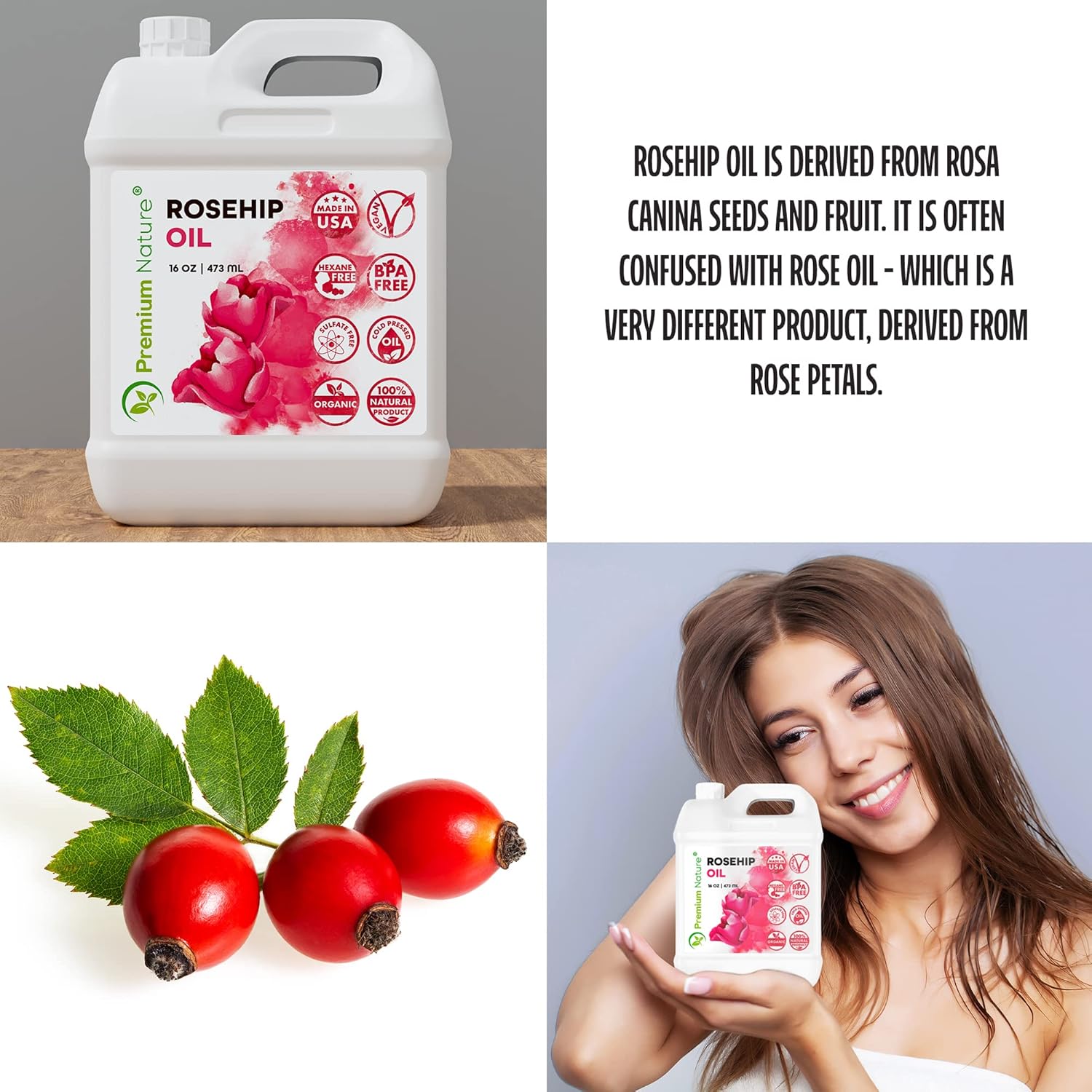 Rosehip Oil for Skin Face Body Hair Nails 16oz Cold Pressed Unrefined X7473