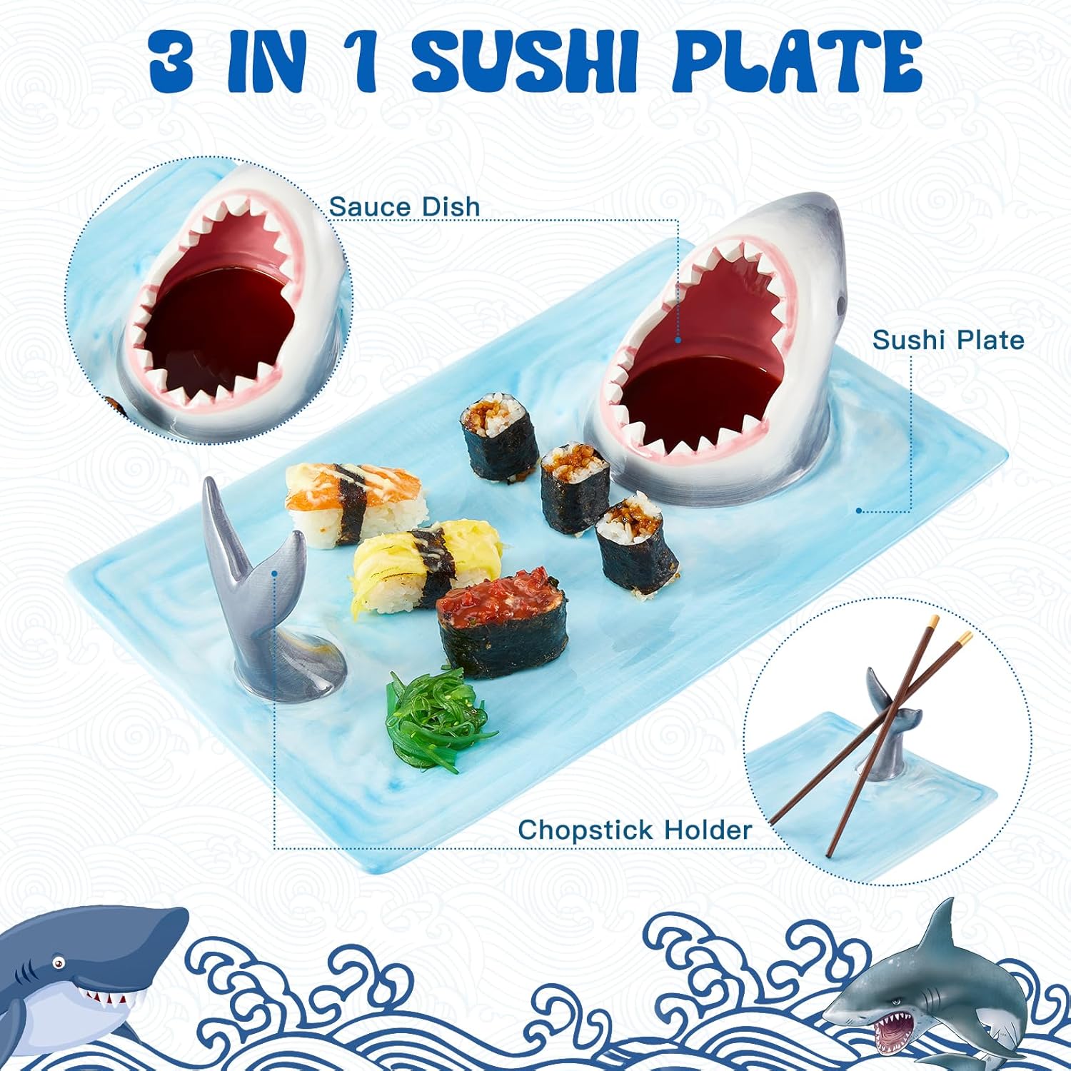 Shark Ceramic Sushi Plate with Soy Sauce Bowl and Chopstick Holder R75301