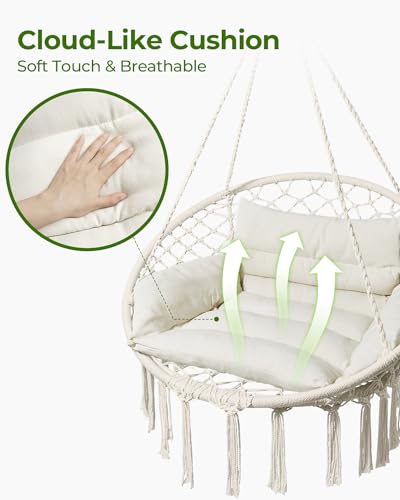 Greenstell Hammock Chair, Macrame Swing Chair with Cushion, Indoor & Outdoor, Beige G7957