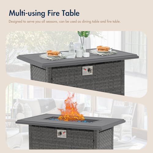 SUNSITT Outdoor Fire Pit Table 43 Inch Wicker Propane with Aluminum Tabletop, Taupe F2263
