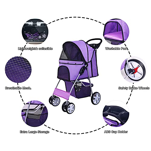 4 Wheel Pet Stroller for Small Dogs Cats, Folding Travel with Detachable Carrier R513