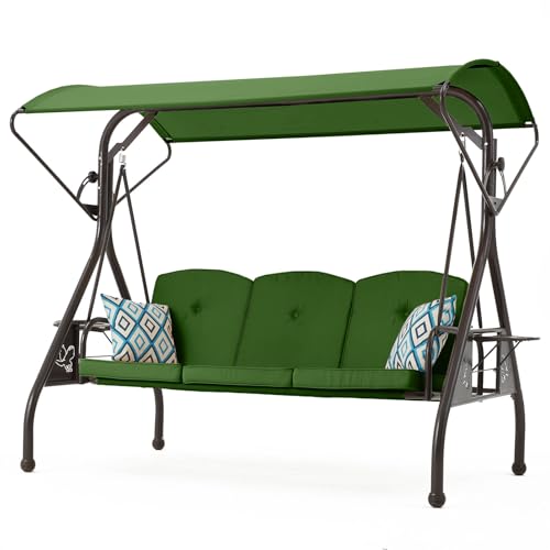 800LBS Patio Swing with Canopy 3 Seat Outdoor Porch Swing with Stand, Cup Holder & Pillow (Green) O887