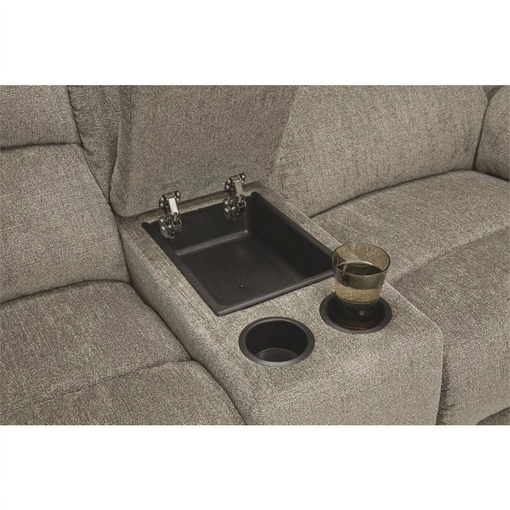 Bowery Hill Contemporary Fabric Reclining Loveseat with Console, Pewter Q6716