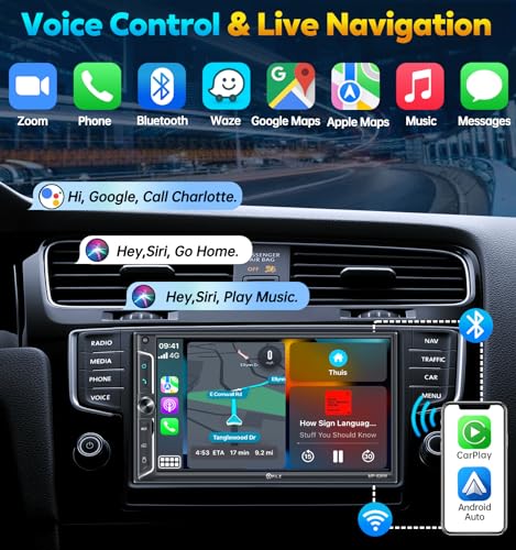 PLZ 7" Wireless Double Din Car Stereo with Apple Car Play, Android Auto, Bluetooth, Backup Camera J82889
