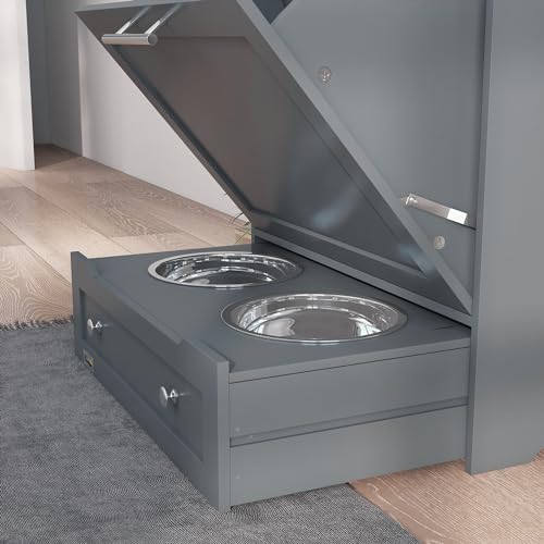 PawHut Pet Feeder Station Storage Cabinet with Raised Bowls, White H257780