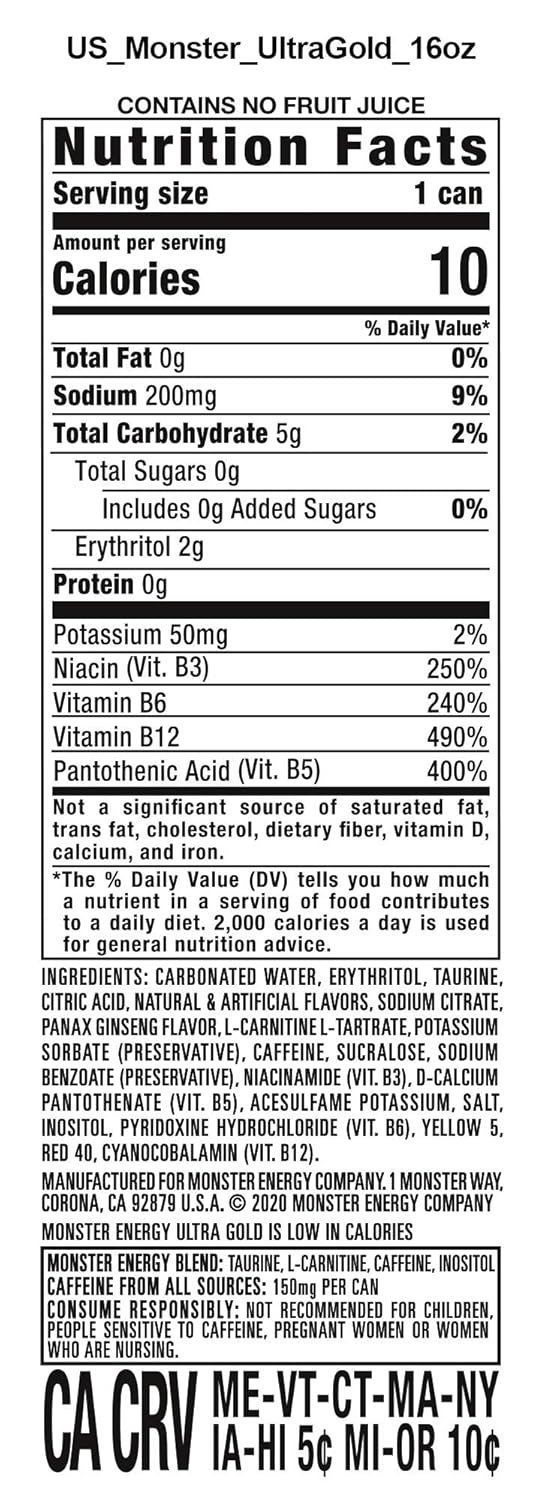 Monster Energy Ultra Gold Sugar Free Energy Drink, 16 oz, 24 Pack U3284