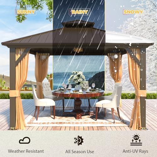 YOLENY 10' x 12' Hardtop Gazebo with Galvanized Steel Double Roof, Netting and Curtains Y84317