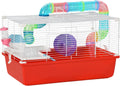 PawHut Large Hamster Cage with Tubes and Tunnels, 2-Level Steel Rat Cage, Small Animal House, Includes Exercise Wheel, Hut, Water Bottle, Food Dish, 23" x 14" x 14", Red