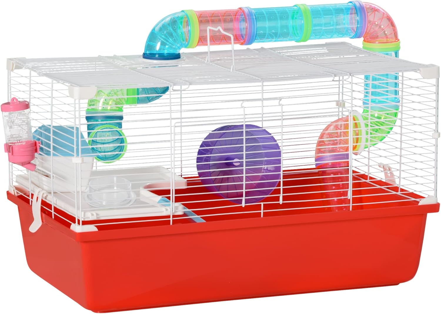 PawHut Large Hamster Cage with Tubes and Tunnels, 2-Level Steel Rat Cage, Small Animal House, Includes Exercise Wheel, Hut, Water Bottle, Food Dish, 23" x 14" x 14", Red