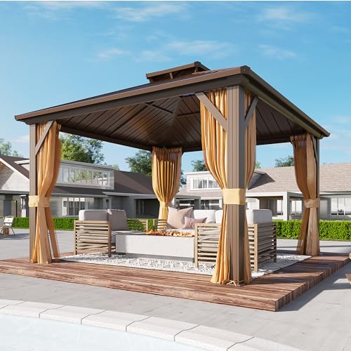 YOLENY 10' x 12' Hardtop Gazebo with Galvanized Steel Double Roof, Netting and Curtains Y84317