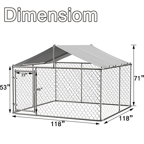 Outdoor Dog Kennel Pen with Roof, Galvanized Steel, 90 x 90 x 65 Inch Q219009