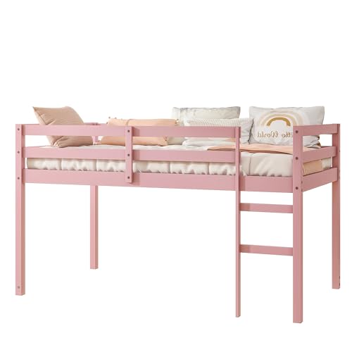 Twin Size Low Loft Bed with Ladder and Safety Guardrail, Solid Wood, White D5235