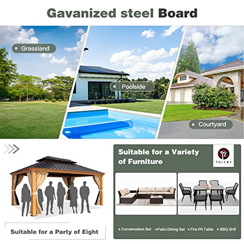 YOLENY 10' x 12' Hardtop Gazebo with Galvanized Steel Double Roof, Netting and Curtains Y84317