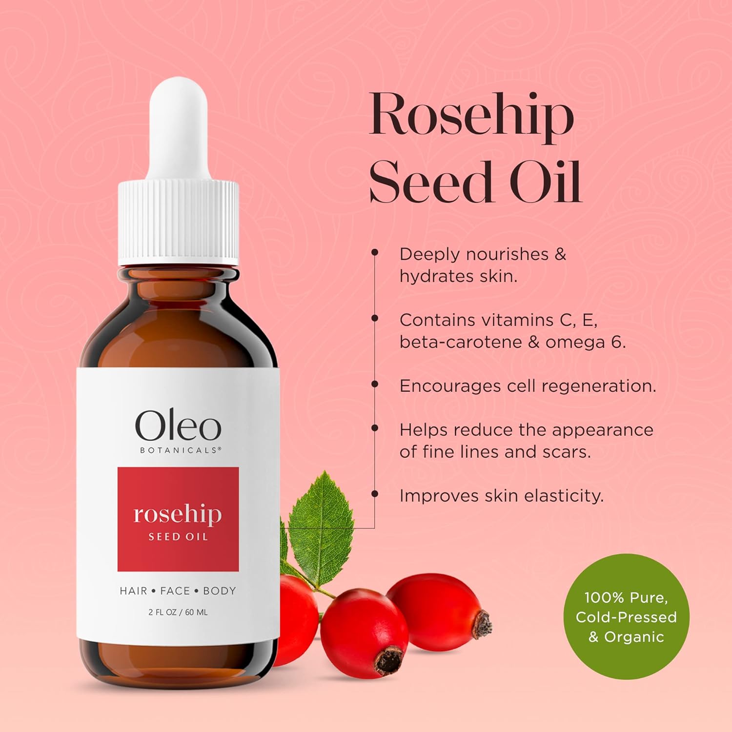 Rosehip Seed Oil Organic 100% Pure Cold Pressed Unrefined, Face & Hair Moisturizer 60ml C9630