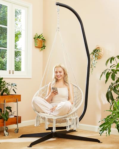 Greenstell Hammock Chair, Macrame Swing Chair with Cushion, Indoor & Outdoor, Beige G7957
