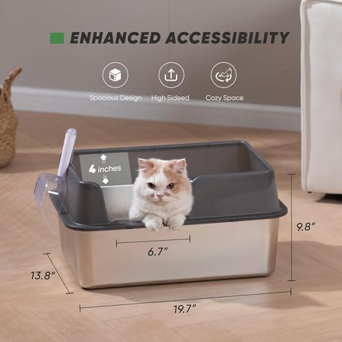 Stainless Steel Cat Litter Box with Scoop, High Sided Walls, White C360108