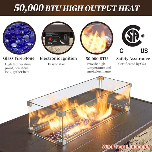 43" Propane Fire Pit Table Outdoor Rectangular Stone with Glass Wind Guard O259531