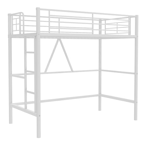 VECELO Loft Bed Twin Size Metal Frame with Ladder and Guardrail, Pink B728246